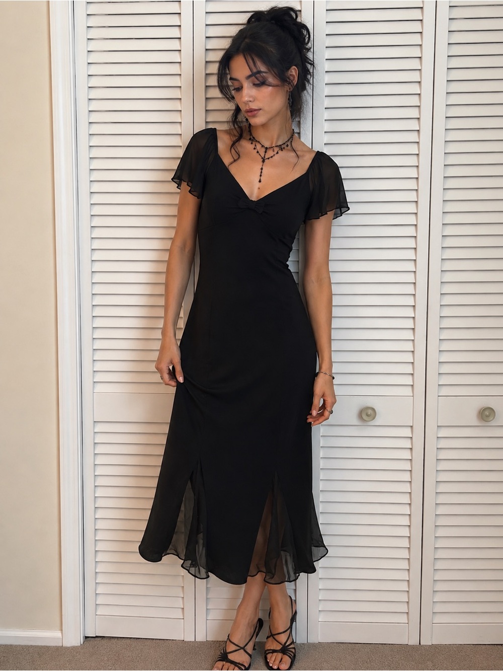 VTG Y2K Silk Black Midi Dress Size 10 Ruffle Asymmetric Whimsigoth Fairy Midi